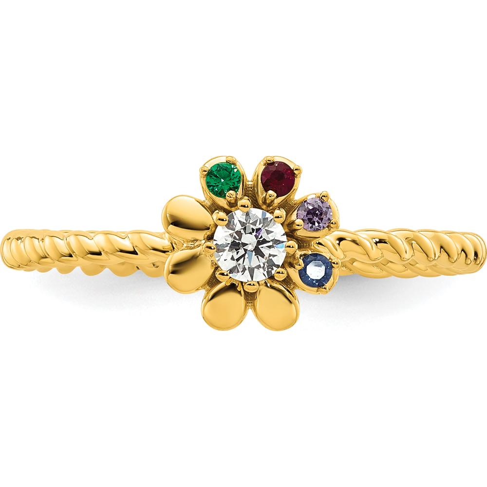 14K Yellow Gold Birthstone Flower Ring with Diamond Center and Colorful Gemstones - Personalized Mother's Ring by Oro Pregiato