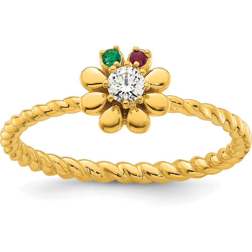 14K Yellow Gold Birthstone Flower Ring with Diamond Center - Customizable Mother's Jewelry by Oro Pregiato