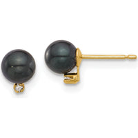 14K Yellow Gold Black Akoya Pearl and Diamond Button Post Earrings - 0.02 Carat Total Diamond Weight by Monteluci Fine Jewelry