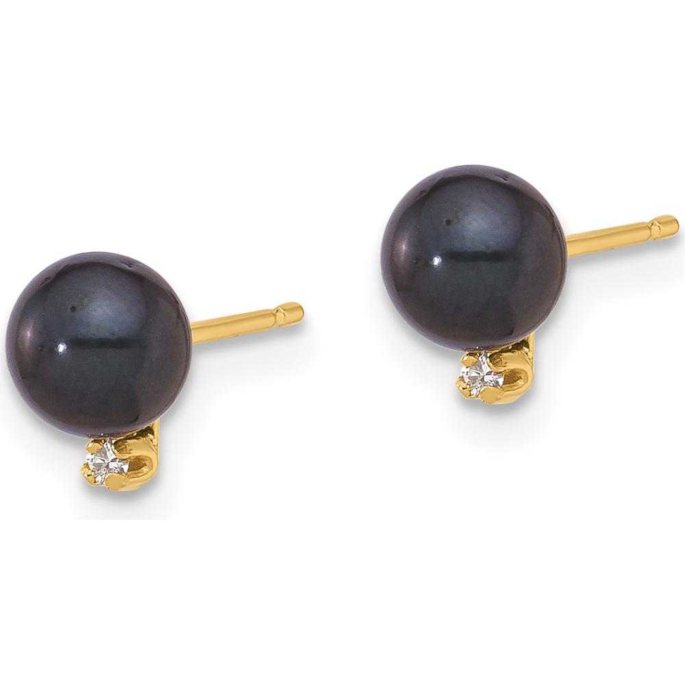 14K Yellow Gold Black Akoya Pearl and Diamond Button Post Earrings - 0.02 Carat Total Diamond Weight by Monteluci Fine Jewelry