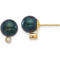 14K Yellow Gold Black Akoya Saltwater Cultured Pearl and Diamond Post Earrings - 0.10 Carat Total Diamond Weight by Monteluci Fine Jewelry