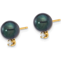 14K Yellow Gold Black Akoya Saltwater Cultured Pearl and Diamond Post Earrings - 0.10 Carat Total Diamond Weight by Monteluci Fine Jewelry
