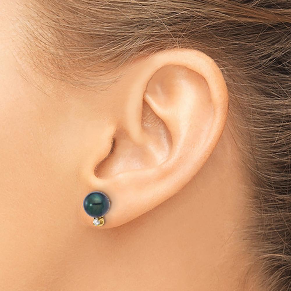 14K Yellow Gold Black Akoya Saltwater Cultured Pearl and Diamond Post Earrings - 0.10 Carat Total Diamond Weight by Monteluci Fine Jewelry