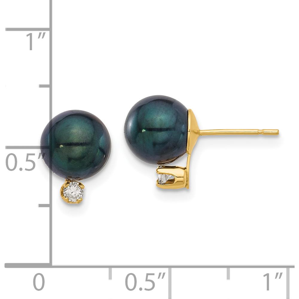 14K Yellow Gold Black Akoya Saltwater Cultured Pearl and Diamond Post Earrings - 0.10 Carat Total Diamond Weight by Monteluci Fine Jewelry