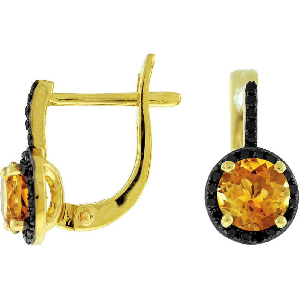 14K Yellow Gold Black Diamond & Citrine Stud Earrings - 1.60 Carats Total Citrine Weight, 0.18 Carats Total Black Diamond Weight