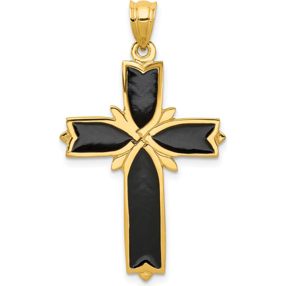 14K Yellow Gold Black Enameled Latin Cross Pendant by Oro Pregiato