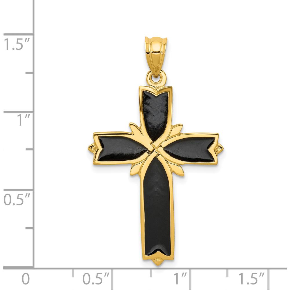 14K Yellow Gold Black Enameled Latin Cross Pendant by Oro Pregiato
