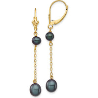 14K Yellow Gold Black Freshwater Cultured Pearl Dangle Leverback Earrings - 5-7mm Pearls by Monteluci Fine Jewelry