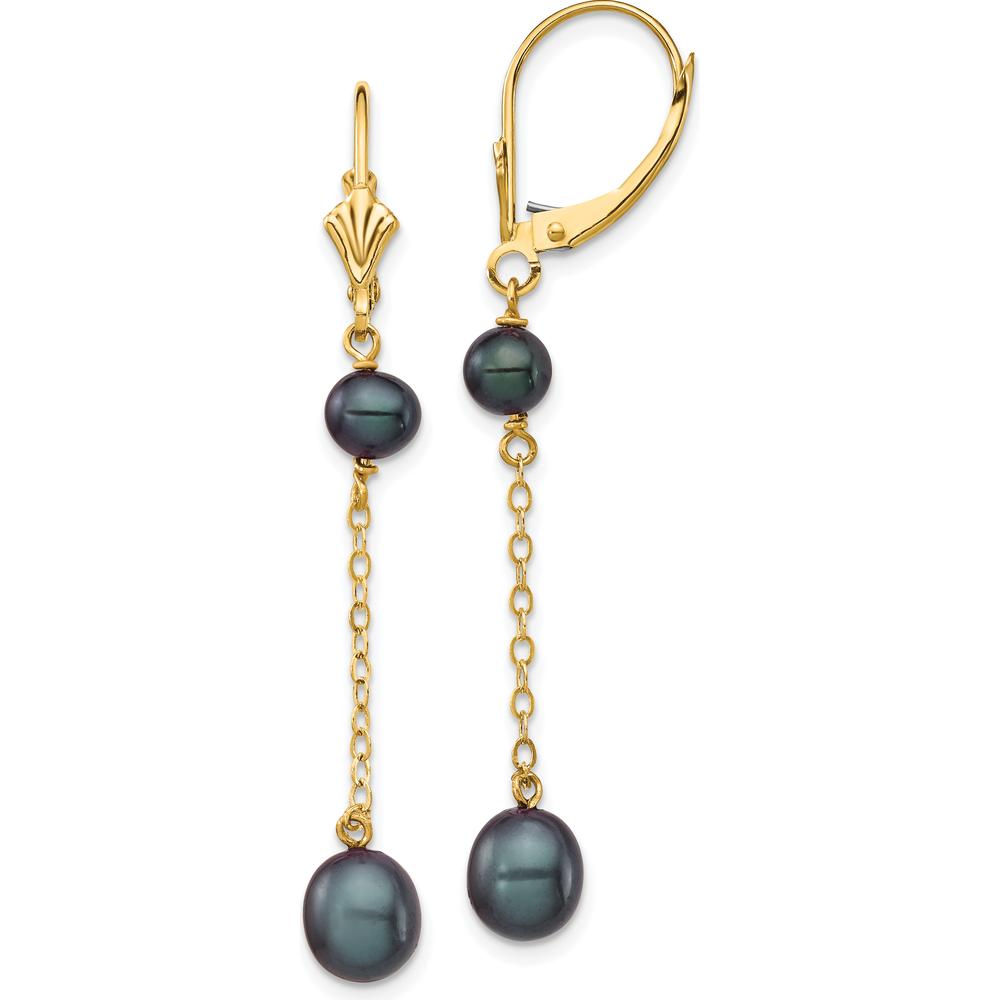 14K Yellow Gold Black Freshwater Cultured Pearl Dangle Leverback Earrings - 5-7mm Pearls by Monteluci Fine Jewelry