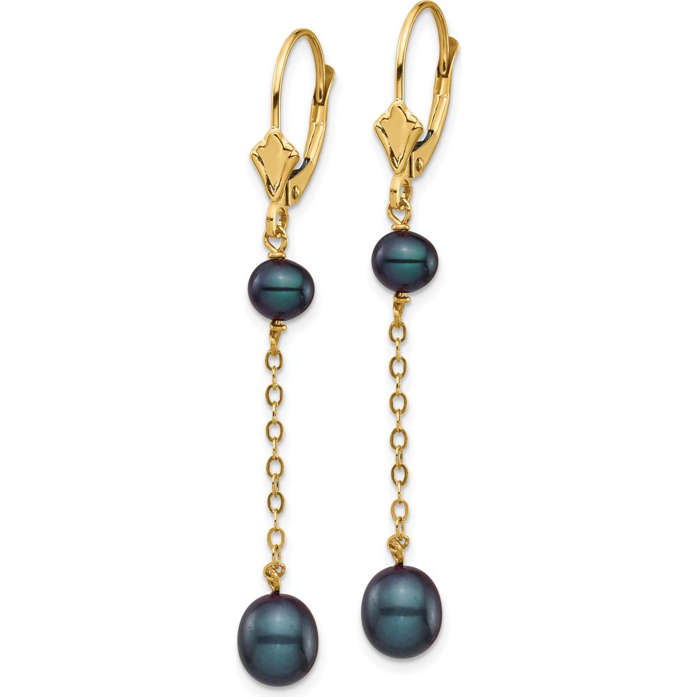 14K Yellow Gold Black Freshwater Cultured Pearl Dangle Leverback Earrings - 5-7mm Pearls by Monteluci Fine Jewelry
