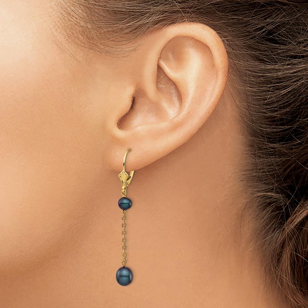 14K Yellow Gold Black Freshwater Cultured Pearl Dangle Leverback Earrings - 5-7mm Pearls by Monteluci Fine Jewelry