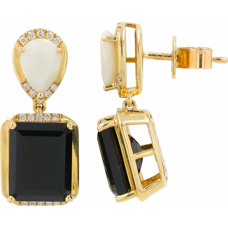 14K Yellow Gold Black Onyx and White Agate Drop Earrings with Halo Diamonds - 7.17 Carats Total Gemstone Weight