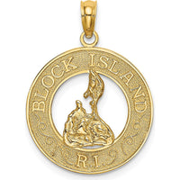 14K Yellow Gold Block Island R.I. Circle Pendant with Polished and Textured Map Design by Oro Pregiato
