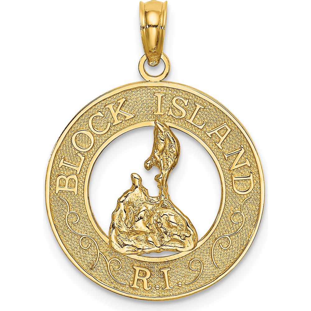 14K Yellow Gold Block Island R.I. Circle Pendant with Polished and Textured Map Design by Oro Pregiato