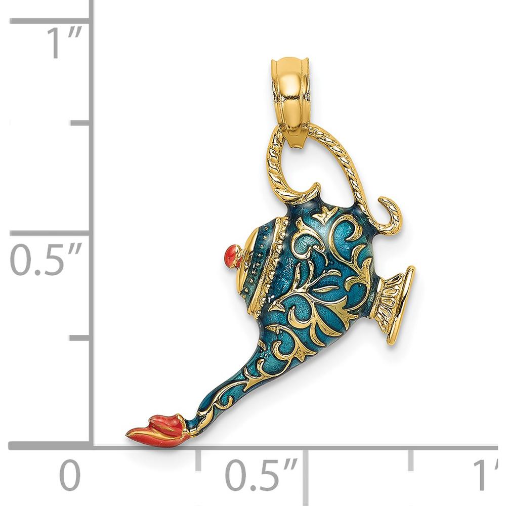 14K Yellow Gold Blue and Red Enamel 3D Genie Lamp Charm with Textured Detail by Oro Pregiato