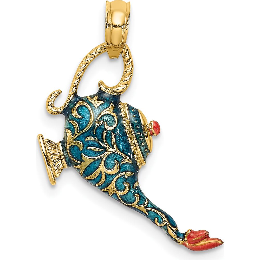 14K Yellow Gold Blue and Red Enamel 3D Genie Lamp Charm with Textured Detail by Oro Pregiato