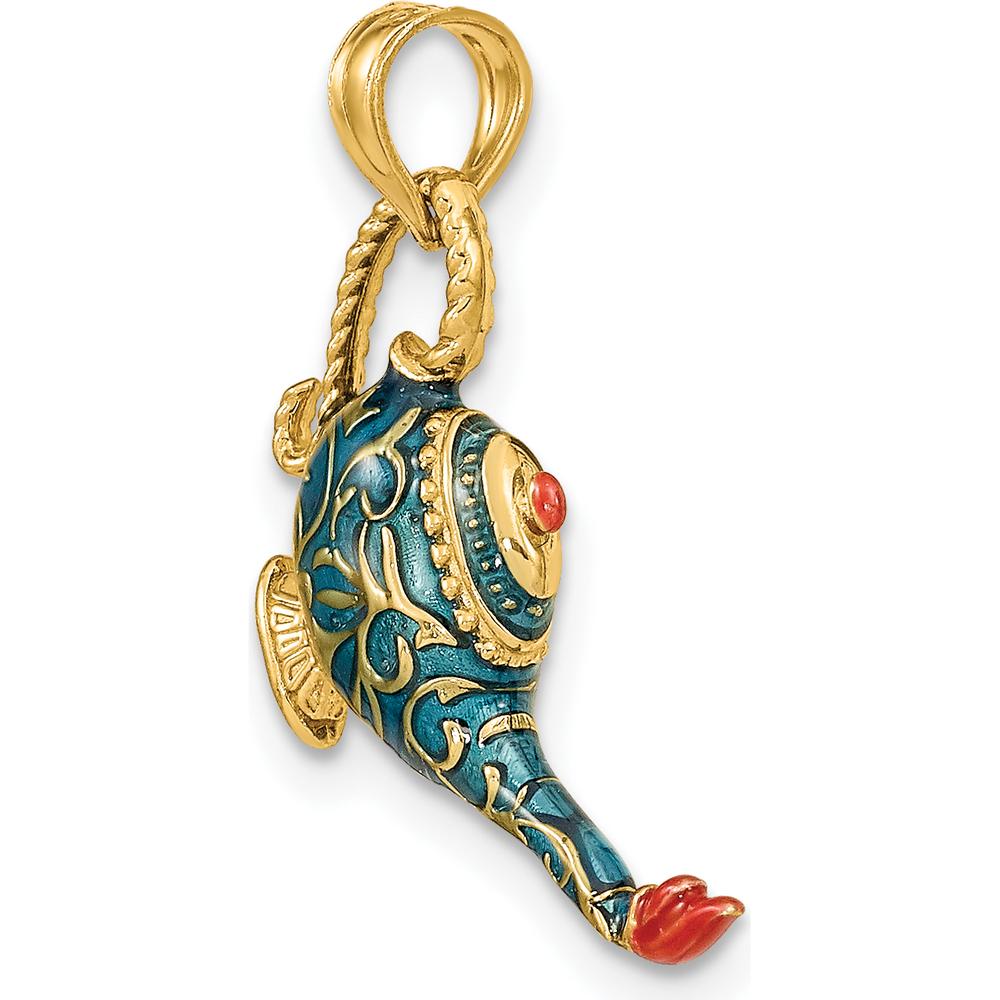 14K Yellow Gold Blue and Red Enamel 3D Genie Lamp Charm with Textured Detail by Oro Pregiato
