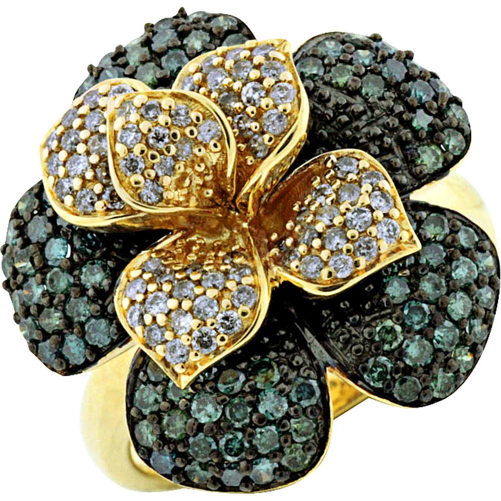 14K Yellow Gold Blue Diamond & Round Diamond Flower Ring - 1.25 Carats Total Diamond Weight