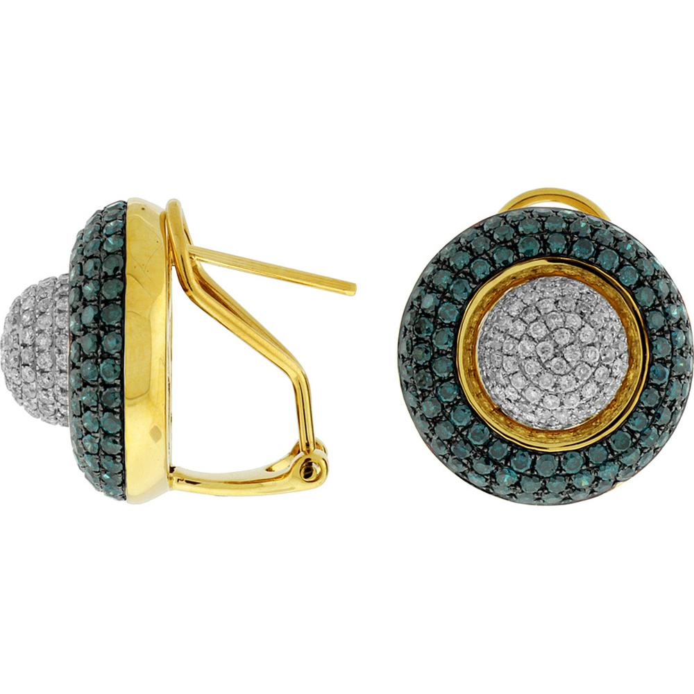14K Yellow Gold Blue Diamond and Round Diamond Halo Earrings - 1.00 Carats Total Diamond Weight