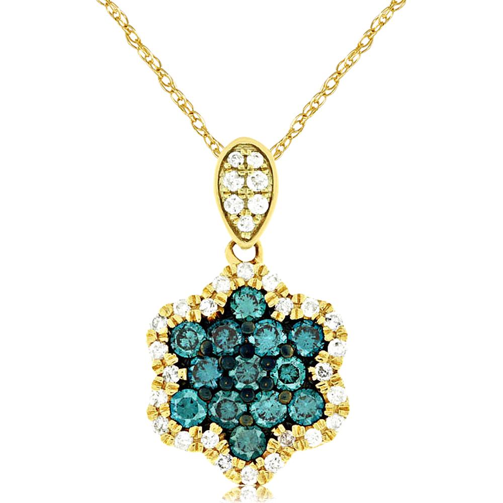 14K Yellow Gold Blue Diamond & White Diamond Pendant - 0.58 Carats Total Diamond Weight