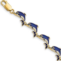14K Yellow Gold Blue Enamel Dolphin Station Bracelet - 7.25" Length by Oro Pregiato
