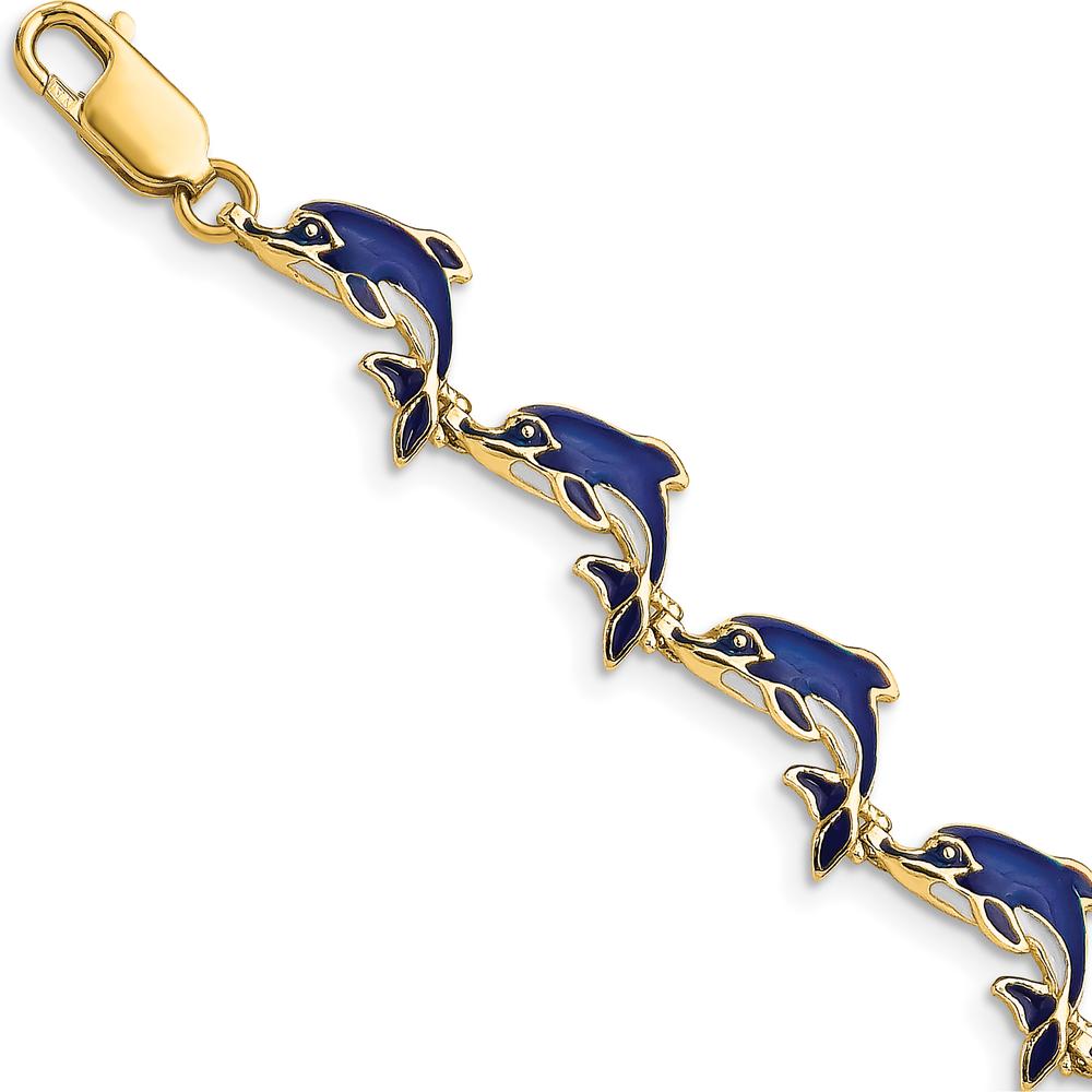 14K Yellow Gold Blue Enamel Dolphin Station Bracelet - 7.25" Length by Oro Pregiato