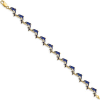 14K Yellow Gold Blue Enamel Dolphin Station Bracelet - 7.25" Length by Oro Pregiato
