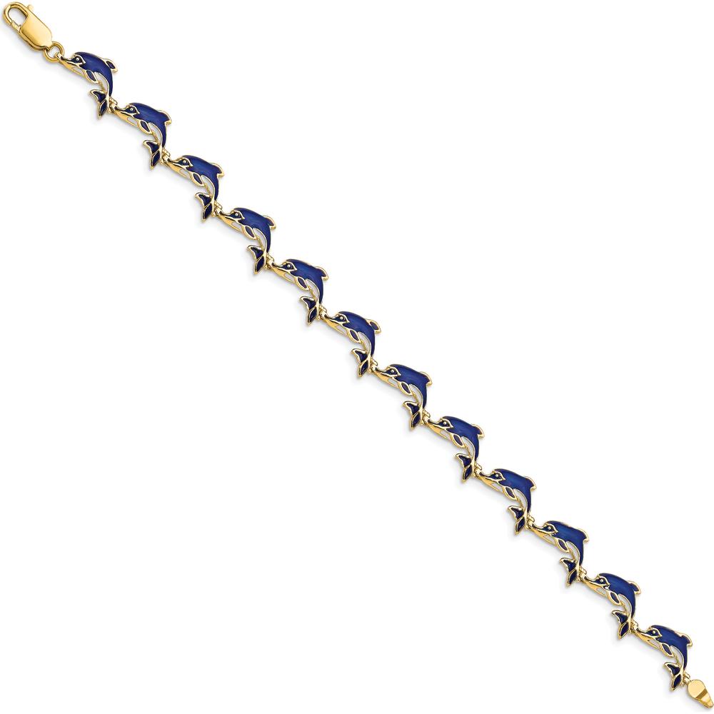 14K Yellow Gold Blue Enamel Dolphin Station Bracelet - 7.25" Length by Oro Pregiato