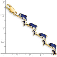 14K Yellow Gold Blue Enamel Dolphin Station Bracelet - 7.25" Length by Oro Pregiato