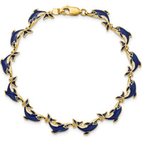 14K Yellow Gold Blue Enamel Dolphin Station Bracelet - 7.25" Length by Oro Pregiato