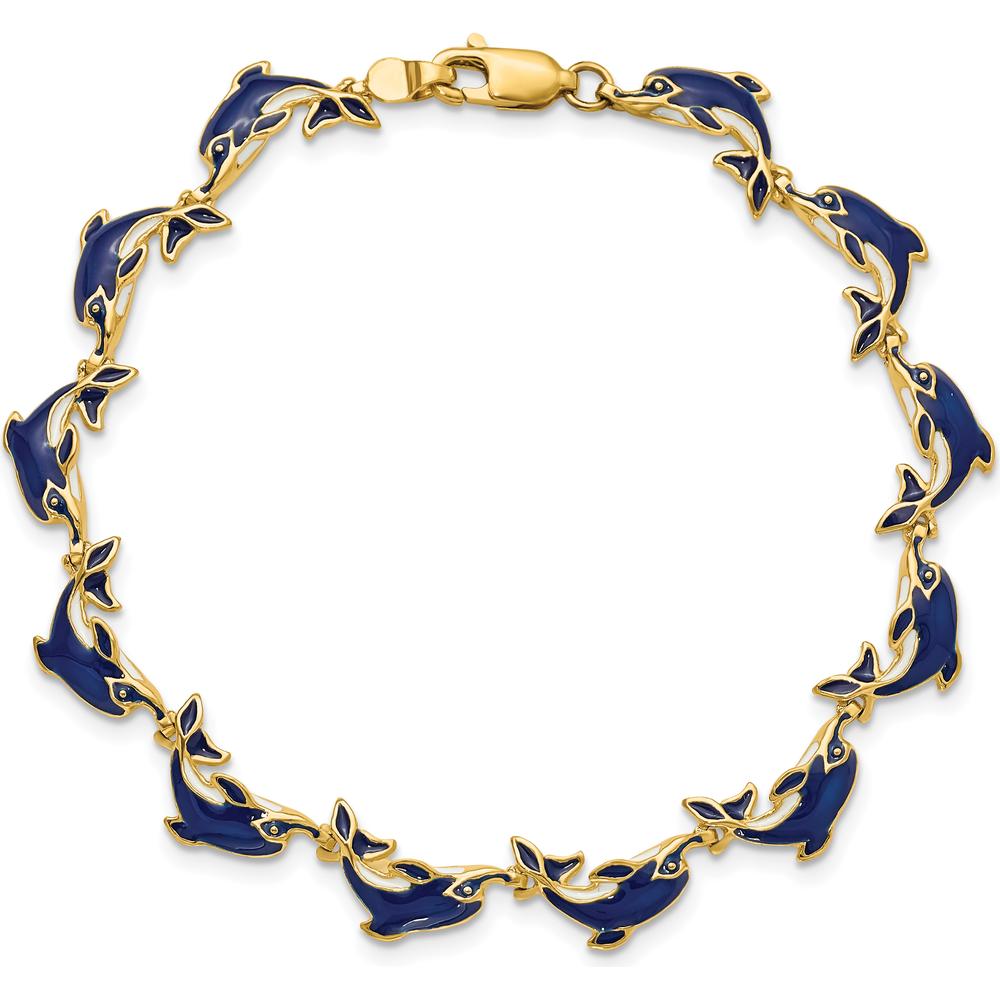 14K Yellow Gold Blue Enamel Dolphin Station Bracelet - 7.25" Length by Oro Pregiato
