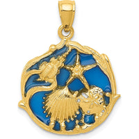 14K Yellow Gold Blue Enamel Shell Cluster Pendant with Starfish and Seashell Design by Oro Pregiato