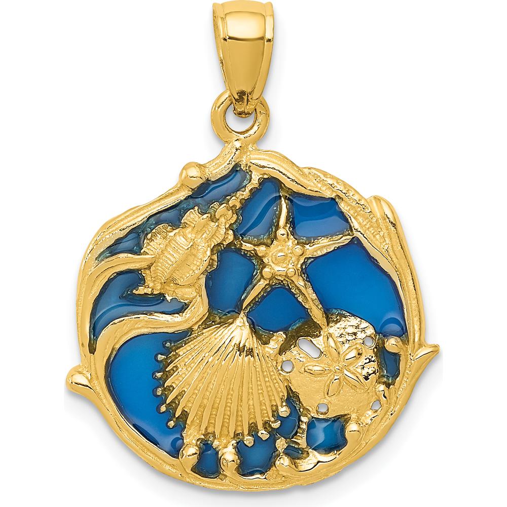 14K Yellow Gold Blue Enamel Shell Cluster Pendant with Starfish and Seashell Design by Oro Pregiato