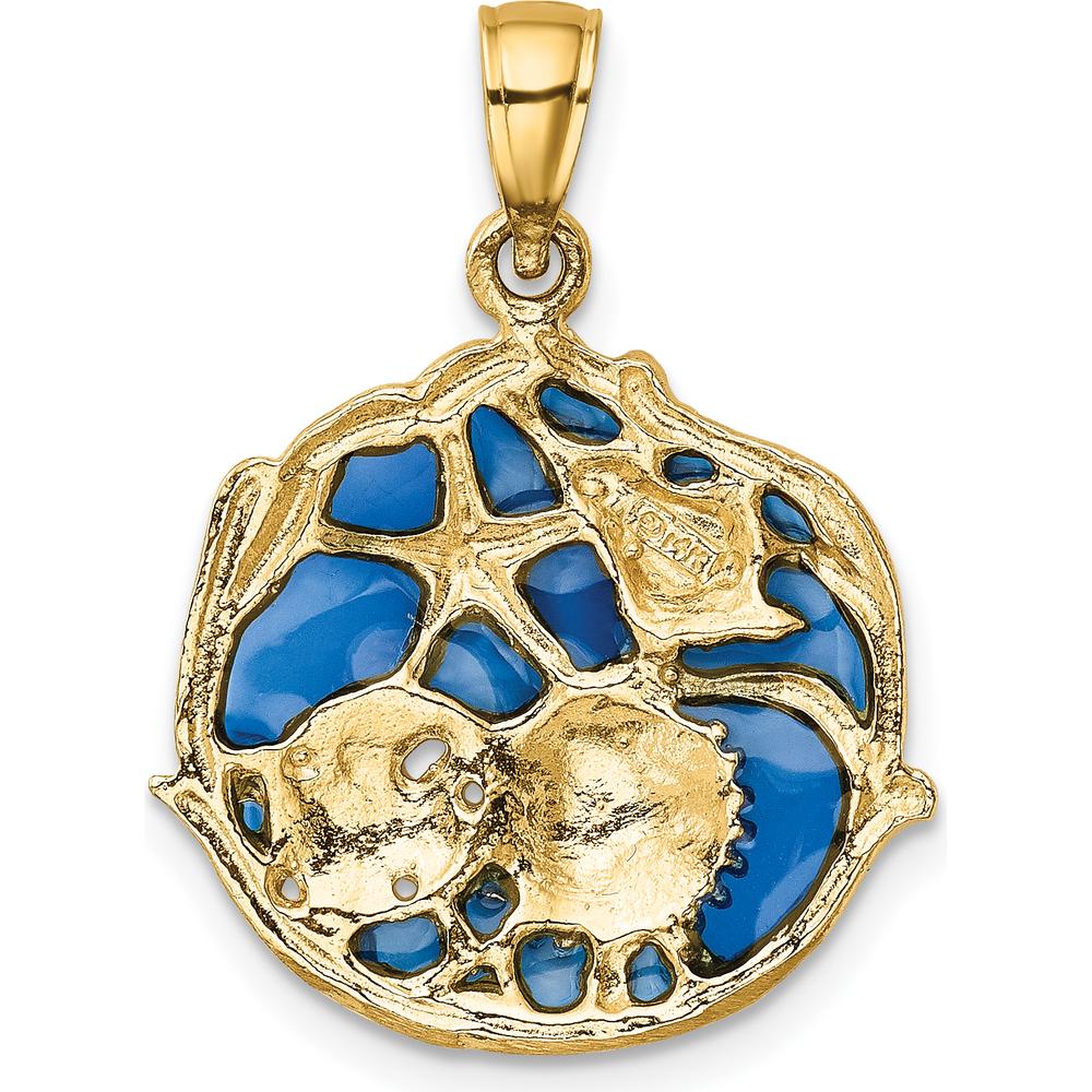 14K Yellow Gold Blue Enamel Shell Cluster Pendant with Starfish and Seashell Design by Oro Pregiato