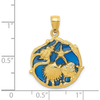 14K Yellow Gold Blue Enamel Shell Cluster Pendant with Starfish and Seashell Design by Oro Pregiato