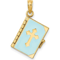 14K Yellow Gold Blue Enameled 3D Bible Pendant with Movable Pages by Oro Pregiato