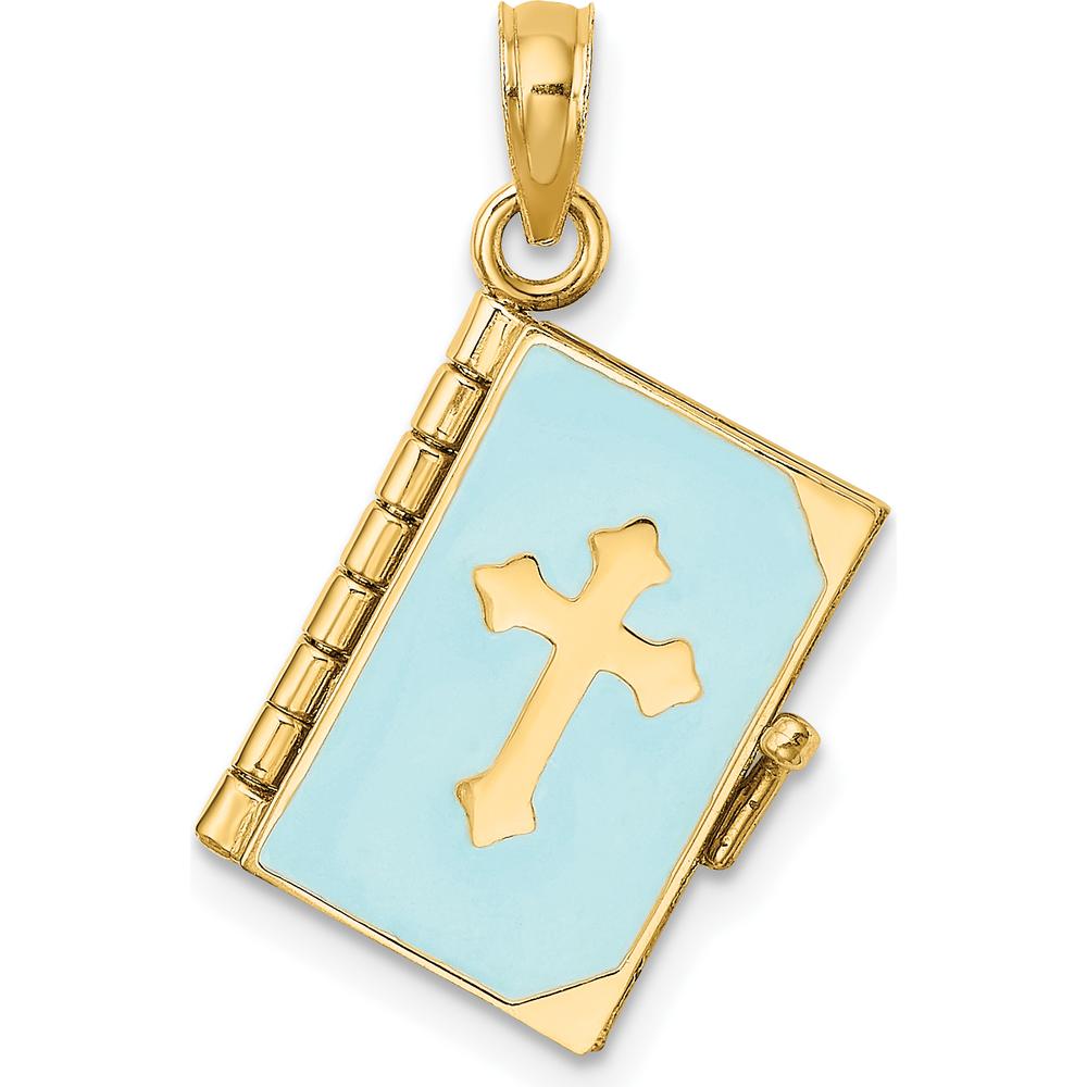 14K Yellow Gold Blue Enameled 3D Bible Pendant with Movable Pages by Oro Pregiato