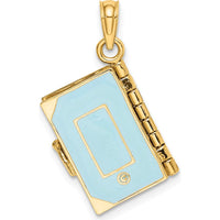 14K Yellow Gold Blue Enameled 3D Bible Pendant with Movable Pages by Oro Pregiato