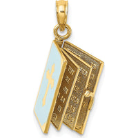14K Yellow Gold Blue Enameled 3D Bible Pendant with Movable Pages by Oro Pregiato