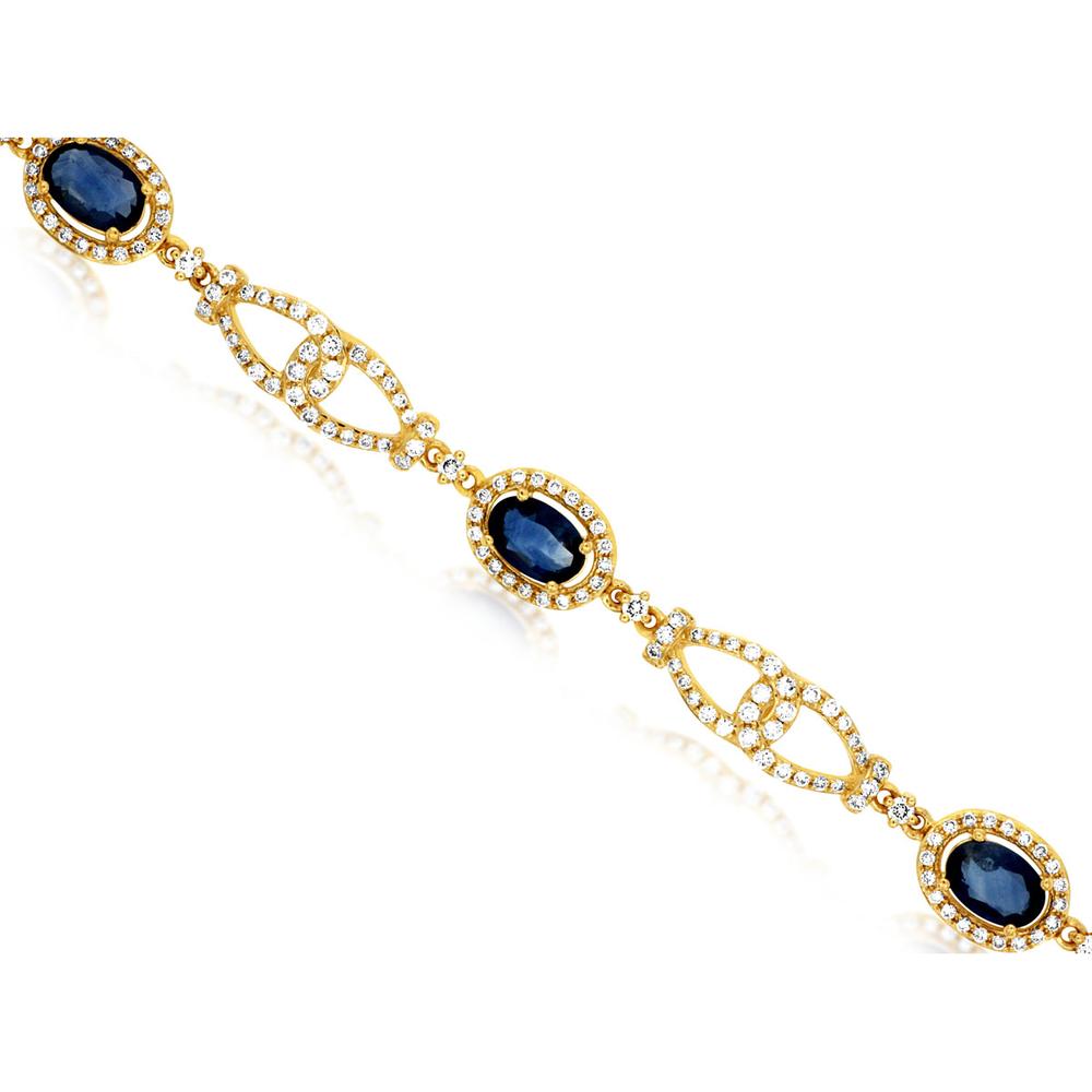 14K Yellow Gold Blue Sapphire & Diamond Halo Station Bracelet - 3.95 Carat Total Sapphire Weight & 1.44 Carat Total Diamond Weight - Royal Jewelry