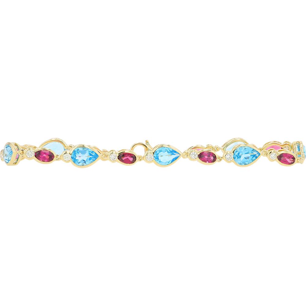 14K Yellow Gold Blue Topaz & Rhodolite Bracelet with Round Diamond Accents - 7.50 Carat Total Color Weight, 0.50 Carat Total Diamond Weight