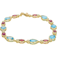 14K Yellow Gold Blue Topaz & Rhodolite Bracelet with Round Diamond Accents - 7.50 Carat Total Color Weight, 0.50 Carat Total Diamond Weight