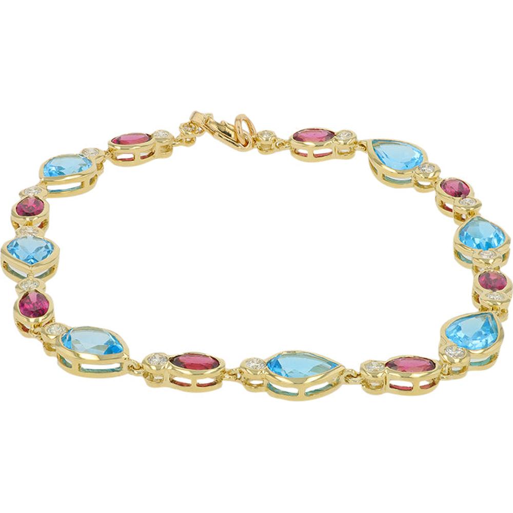 14K Yellow Gold Blue Topaz & Rhodolite Bracelet with Round Diamond Accents - 7.50 Carat Total Color Weight, 0.50 Carat Total Diamond Weight