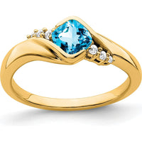 14K Yellow Gold Blue Topaz Cushion Cut and Diamond Accent Ring - 0.63 Carat Topaz, 0.03 Carat Diamonds by 0