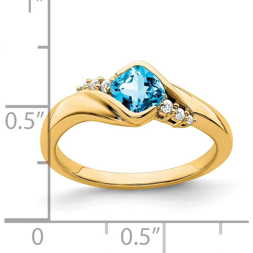 14K Yellow Gold Blue Topaz Cushion Cut and Diamond Accent Ring - 0.63 Carat Topaz, 0.03 Carat Diamonds by 0
