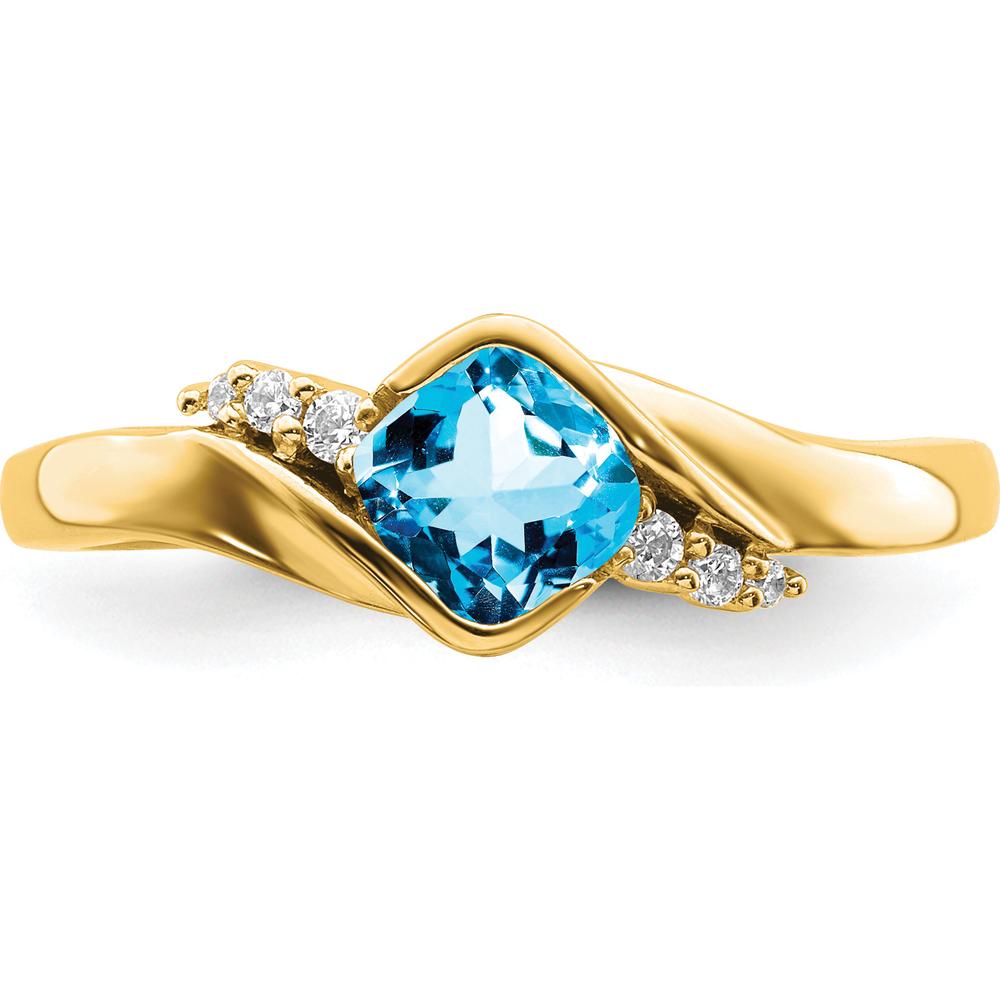 14K Yellow Gold Blue Topaz Cushion Cut and Diamond Accent Ring - 0.63 Carat Topaz, 0.03 Carat Diamonds by 0