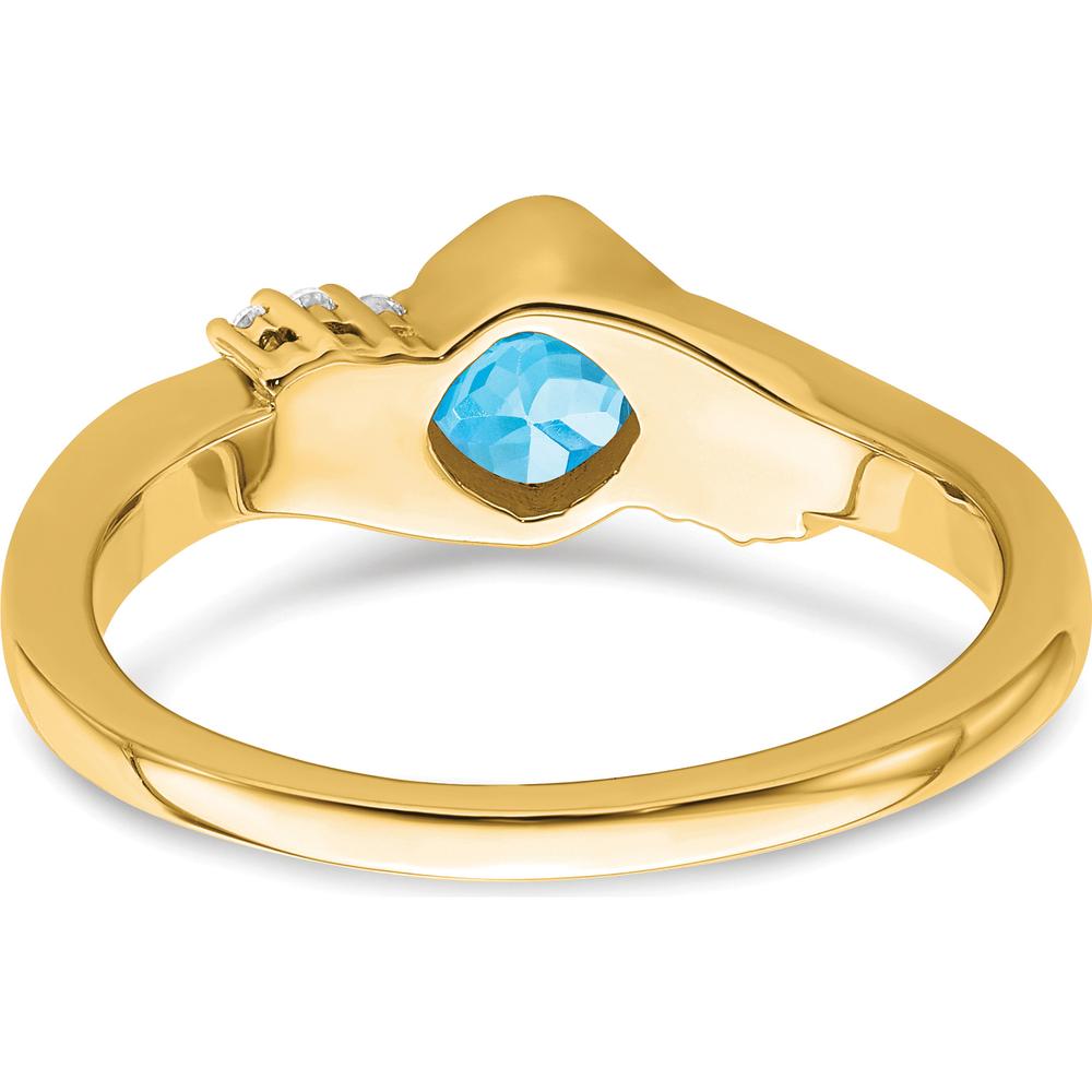 14K Yellow Gold Blue Topaz Cushion Cut and Diamond Accent Ring - 0.63 Carat Topaz, 0.03 Carat Diamonds by 0