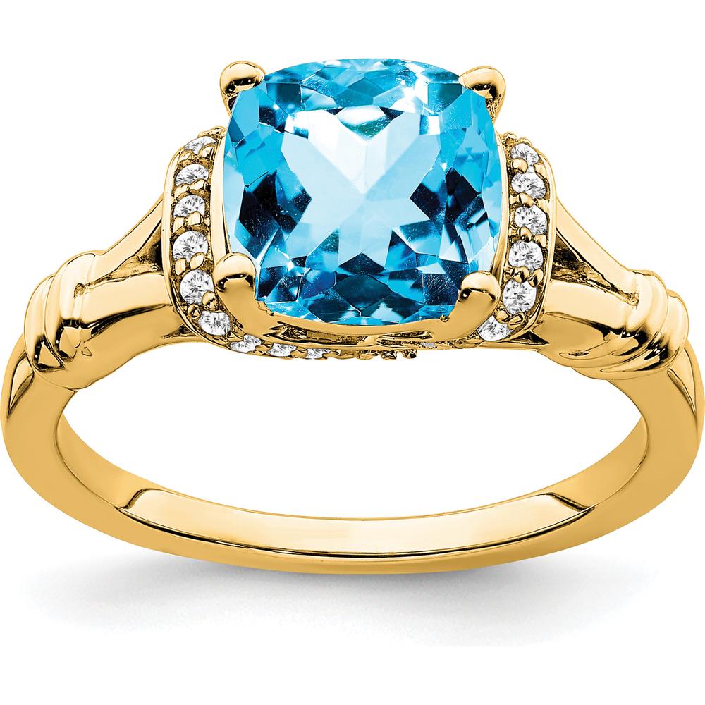 14K Yellow Gold Blue Topaz Cushion Cut Ring with Round Diamonds - 2.48 Carat Total Gemstone Weight by 0