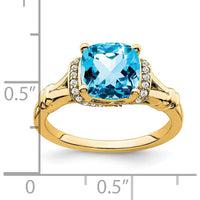 14K Yellow Gold Blue Topaz Cushion Cut Ring with Round Diamonds - 2.48 Carat Total Gemstone Weight by 0