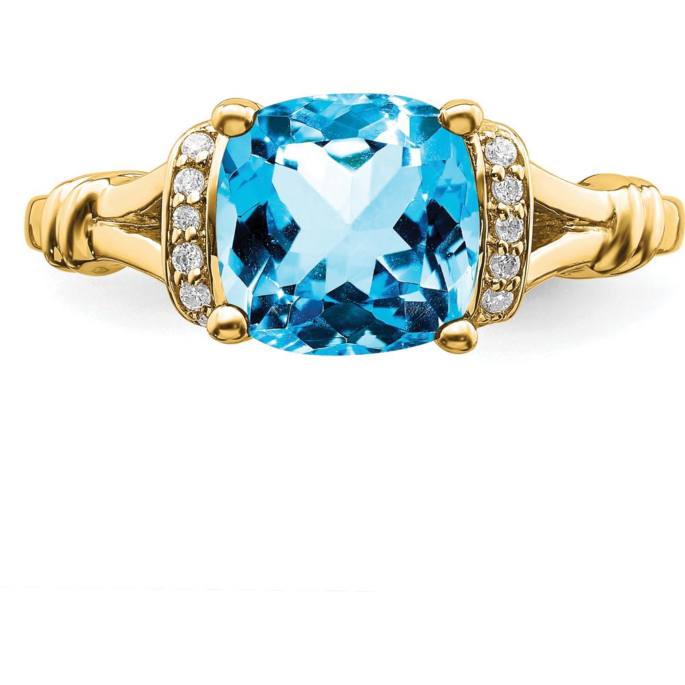 14K Yellow Gold Blue Topaz Cushion Cut Ring with Round Diamonds - 2.48 Carat Total Gemstone Weight by 0